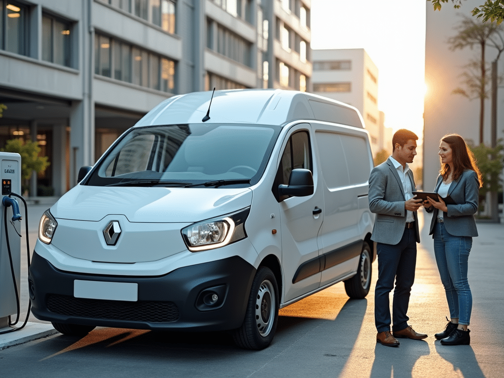 Deux personnes discutant autour d'un véhicule électrique de Lease Green